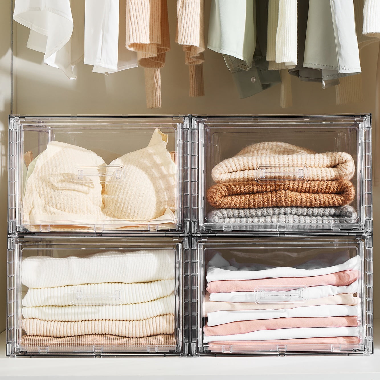 Sindcom 4 Pack Medium 18QT Clear Stackable Storage Drawers,Easily Assemble Closet Organizers,Plastic Storage Bins for Bathroom,Cabinet,Kitchen Pantry,Under Sink Organization
