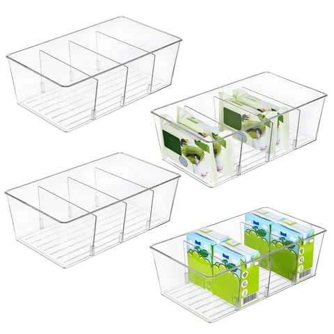 Sindcom 4 Pack Clear Plastic Food Storage Organizer Bins, Multi-Compartment Pantry & Kitchen Drawer Organizer for Spice Packets, Tea Bags, Snacks - Versatile for Fridge & Cabinet