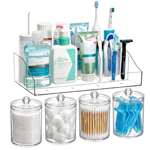 Sindcom 5 PCS Bathroom Countertop Organizer, 4 Qtip Holder Jars with 1 Divided Tray, Restroom Clear Organizers for Floss, Cotton Pads Balls, Toothbrush, Bathroom Vanity Accessories Storage Set