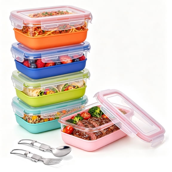 Sindcom 5 Pack 28oz Glass Food Storage Containers with Silicone Sleeves, Meal Prep Lunch Boxes Airtight BPA-Free Plastic Lids, Includes 304 Stainless Steel Spoon & Fork Set