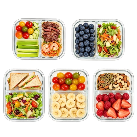 Sindcom 5 Pack 33oz Glass Storage Containers with Lids, 2 Compartments Meal Prep Containers, Airtight Lunch Boxes with Snap Locking Lids for Microwave, Oven, Freezer, Dishwasher