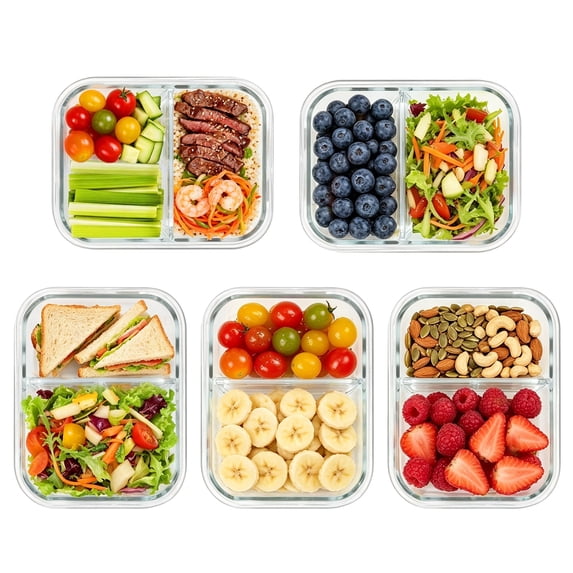 Sindcom 5 Pack 33oz Glass Storage Containers with Lids, 2 Compartments Meal Prep Containers, Airtight Lunch Boxes with Snap Locking Lids for Microwave, Oven, Freezer, Dishwasher