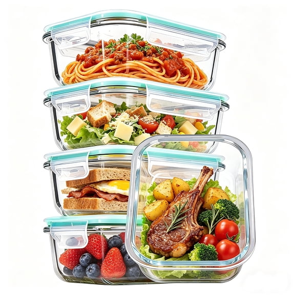 Sindcom 5Pack 22oz Glass Storage Containers with Lids, Glass Meal Prep Food Container Sets with Snap Airtight Lids for Microwave, Oven, Freezer and Dishwasher Green