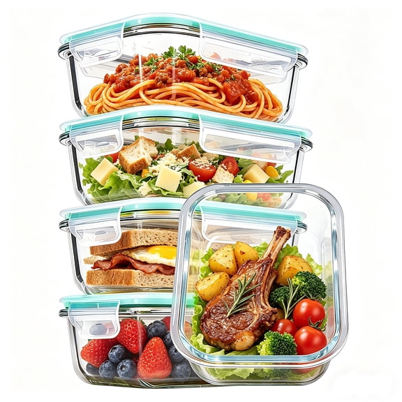 Sindcom 5Pack 22oz Glass Storage Containers with Lids, Glass Meal Prep Food Container Sets with Snap Airtight Lids for Microwave, Oven, Freezer and Dishwasher Green