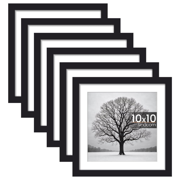 Sindcom 6 Pack 10x10 Picture Frames,Display Pictures 8x8 with Mat or 10 x 10 Without Mat,Gallery Wall Photo Frames, Black