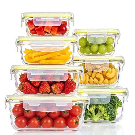Sindcom 7 Pack Glass Storage Containers with Airtight Lids, Glass Meal Prep Containers, Lunch Office Meal for Microwave,Freezer and Dishwasher, BPA Free,Yellow