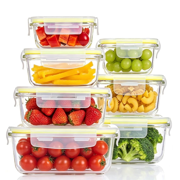 Sindcom 7 Pack Glass Storage Containers with Airtight Lids, Glass Meal Prep Containers, Lunch Office Meal for Microwave,Freezer and Dishwasher, BPA Free,Yellow