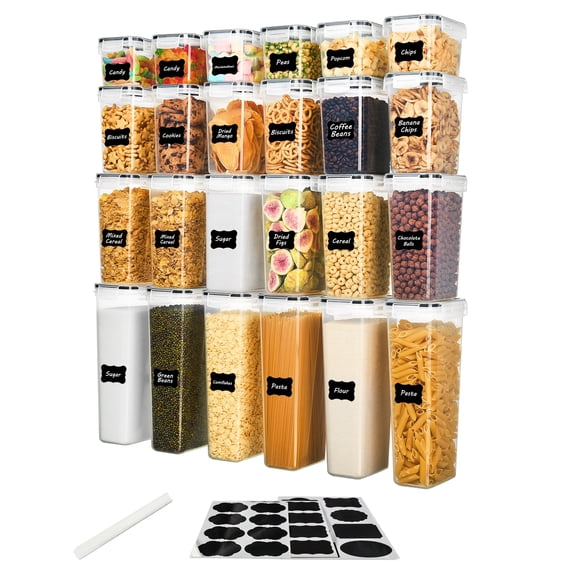 Sindcom Airtight Food Storage Containers with Lids, 24 pcs Plastic Kitchen and Pantry Organization Canisters for Cereal, Dry Food, Flour and Sugar, BPA Free, Includes 24 Labels,Black