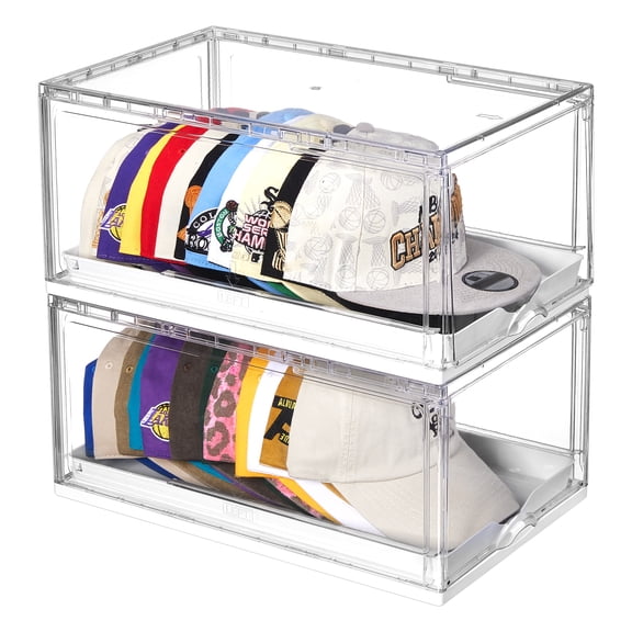 Sindcom 2 Pack Hat Organizer for Baseball Caps, Clear Hat Holder Box with Drawer, Large Hat Storage with Sliding Tray, Stackable Rack Display Case with Magnetic Door, Each Holds 12 Hats