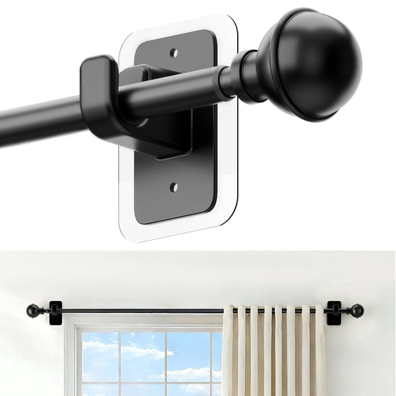 Sindcom No Drill Curtain Rods for Window 27 to 48 Inches, 5/8 Inch Diameter Renter Friendly Drapery Rod with Adhesive Brackets without Drilling, Adjustable from 27 to 52 Inches, Black