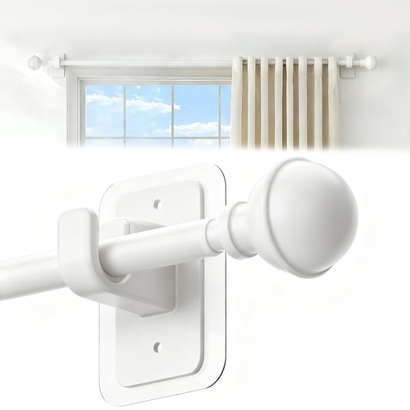 Sindcom No Drill Curtain Rods for Window 48 to 84 Inches, 5/8 Inch Diameter Renter Friendly Drapery Rod with Adhesive Brackets without Drilling, Adjustable from 27 to 90 Inches, White