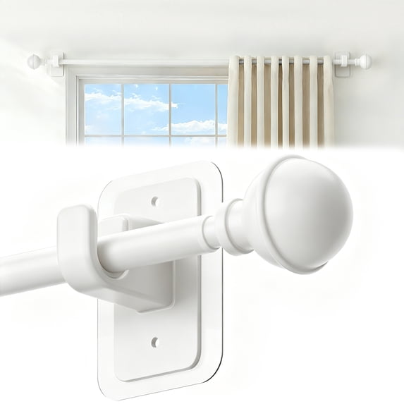 Sindcom No Drill Curtain Rods for Window 66 to 120 Inches, 5/8 Inch Diameter Renter Friendly Drapery Rod with Adhesive Brackets without Drilling, Adjustable from 27 to 130 Inches, White