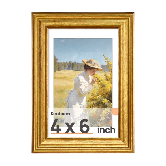 Sindcom Vintage 4x6 Picture Frame, Antique Gold Decorative Frames, Display 3.5x5 with Mat or 4 x 6 Without Mat for Wall or Tabletop Decor