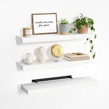 16inch Sindcom Floating Shelves with Invisible Brackets, Wall Mounted Rustic Wood Shelves, Decorative Shelves, Set of 3, White