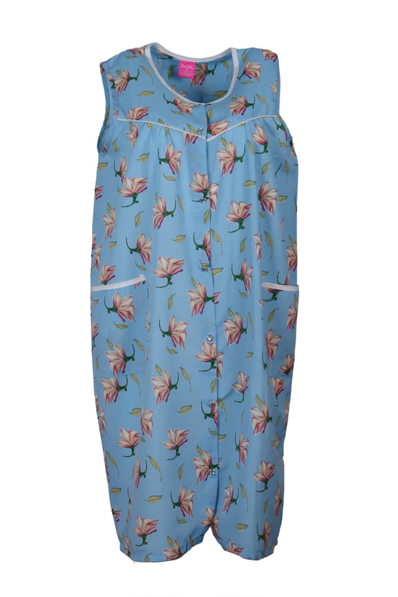 Women's Cotton Blend Snap Front Duster Robe With Pocket - Blue Peach Blossoms - 1X-Large
