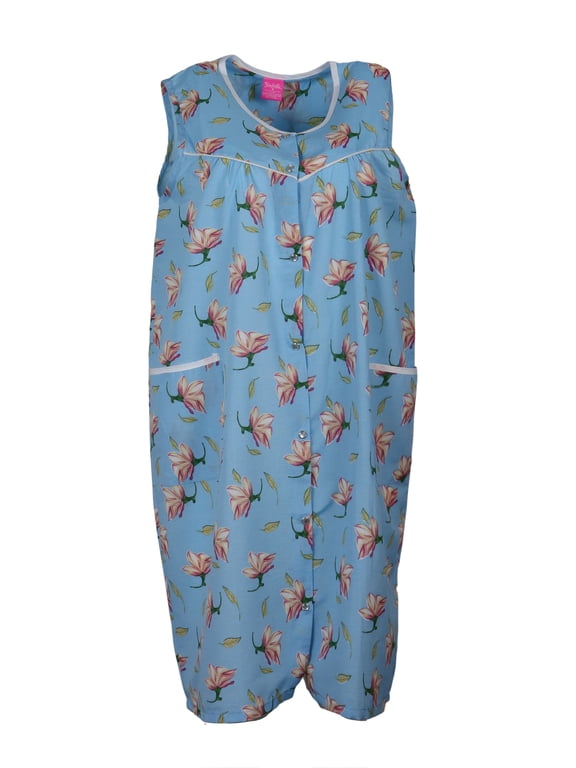 Women's Cotton Blend Snap Front Duster Robe With Pocket - Blue Peach Blossoms - Large