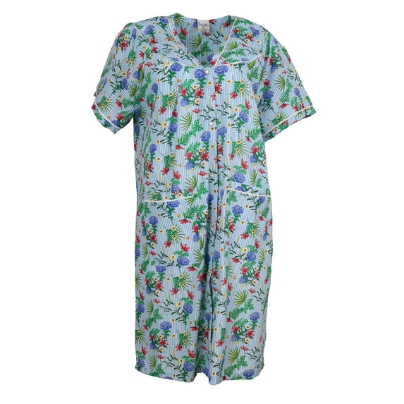 Sindrella Women's Cotton Blend Snap Front Duster Robe With Pocket - Blue Stripes and Tropical Flowers - Large