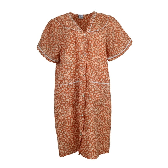Sindrella Women's Cotton Blend Snap Front Duster Robe With Pocket - Orange Retro Flowers - Medium