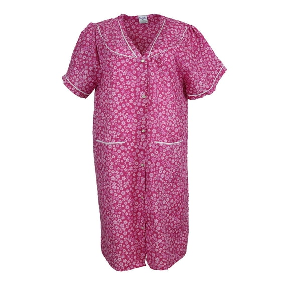 Sindrella Women's Cotton Blend Snap Front Duster Robe With Pocket - Pink Retro Flowers - Medium
