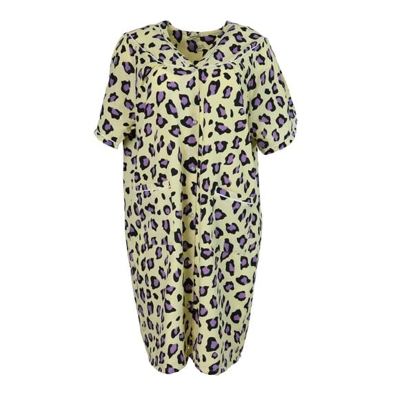 Sindrella Women's Cotton Blend Snap Front Duster Robe With Pocket - Yellow Classic Cheetah - Medium