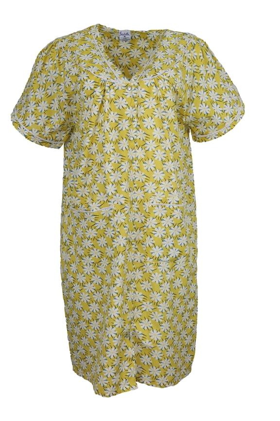Women's Cotton Blend Snap Front Duster Robe With Pocket - Yellow Summer Daisies - Large