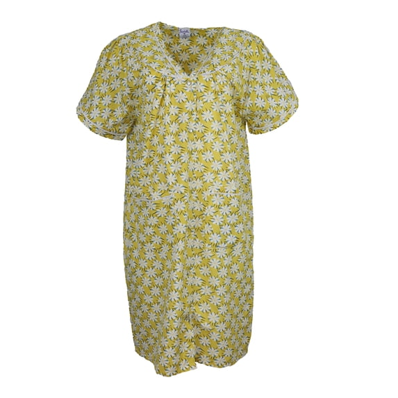 Sindrella Women's Cotton Blend Snap Front Duster Robe With Pocket - Yellow Summer Daisies - Small