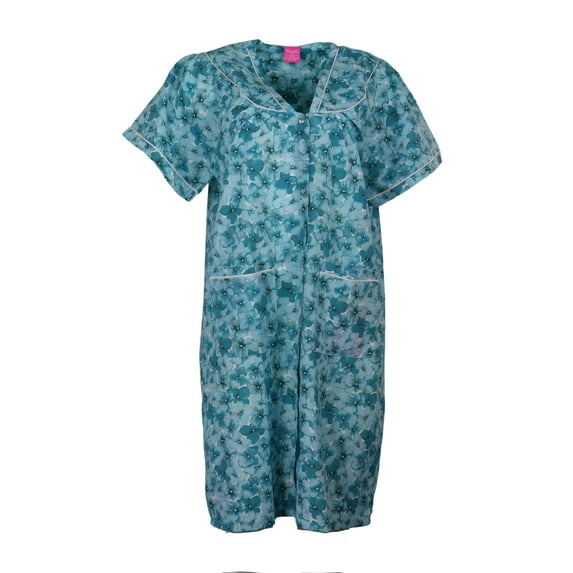 Sindrella Women's Plus Size Cotton Blend Snap Front Duster Robe With Pocket - Blue Hydranges - 2X-Large