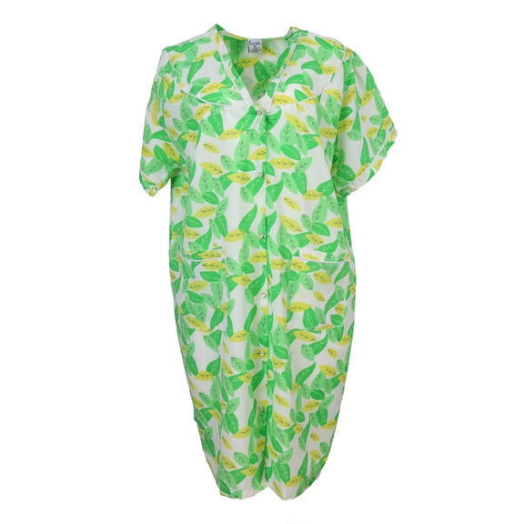 Sindrella Women's Plus Size Cotton Blend Snap Front Duster Robe With Pocket - Green Falling Leaves -2X