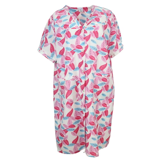 Sindrella Women's Plus Size Cotton Blend Snap Front Duster Robe With Pocket - Pink Falling Leaves -3X