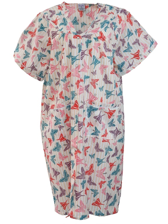Women's Plus Size Cotton Blend Snap Front Duster Robe With Pocket - Yellow Stripes with Butterflies - 2X-Large