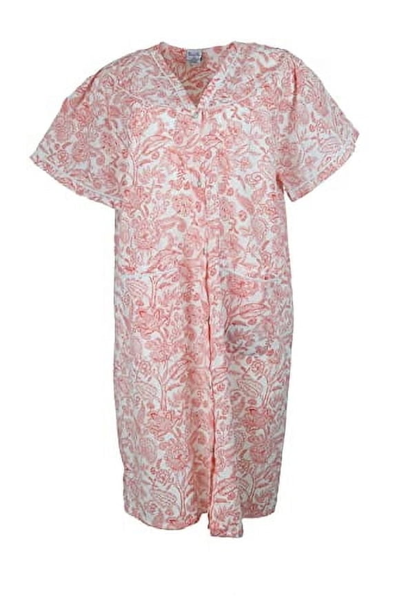 Women's Plus Size Cotton Blend Snap Front Duster Robe with Pocket-Red Lacey Florals-1X