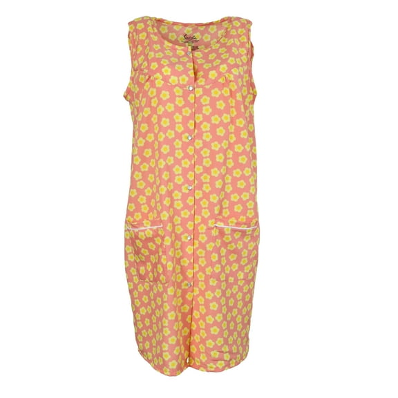 Sindrella Women's Size Cotton Blend Snap Front Duster Robe With Pocket - Coral Buttercups - Medium
