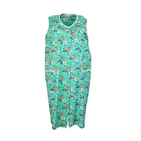 Sindrella Women's Sleeveless Cotton Blend Snap Front Duster Robe with Pocket-Mint Floral Hearts-Large