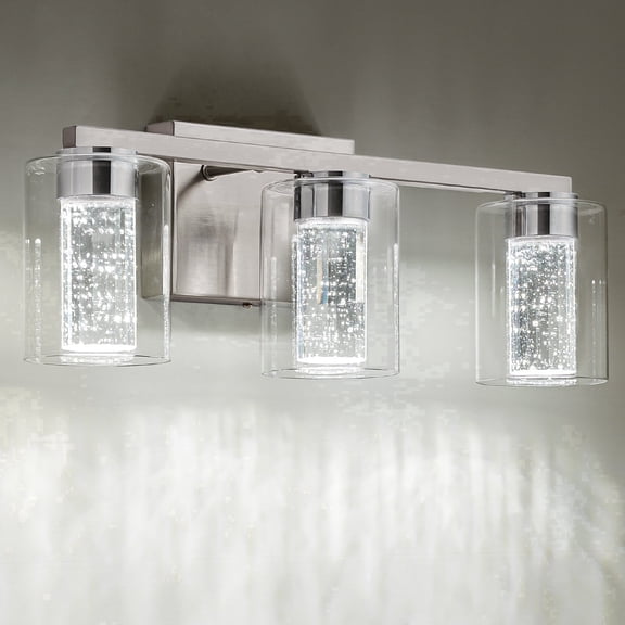 SineRise 3-Light Brushed Nickel LED Bathroom Vanity Fixture, 3 Color Modes (3000K/4000K/6000K), Clear Glass Shade, Eye Protection