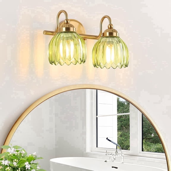 SineRise Vintage Brass Vanity Light, Green Tulip Glass Shade, 2-Light
