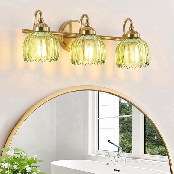 SineRise Vintage Brass Vanity Light, Green Tulip Glass Shade, 3-Light