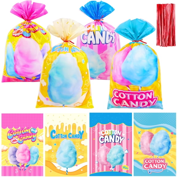 Sinekong 100 Pcs Cotton Candy Bags with Ties, 12 x 18 In Cotton Candy Cones Treat Snacks Bags Gift Wrapping Supplies, Circus Carnival Birthday Party Favor