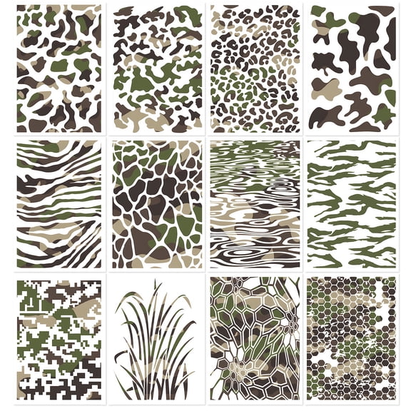 Sinekong 12 Pcs Camo Stencils for Spray Paint, Reusable Camouflage Pattern Templates for Painting Wood Boat DIY Crafts Spray Painta