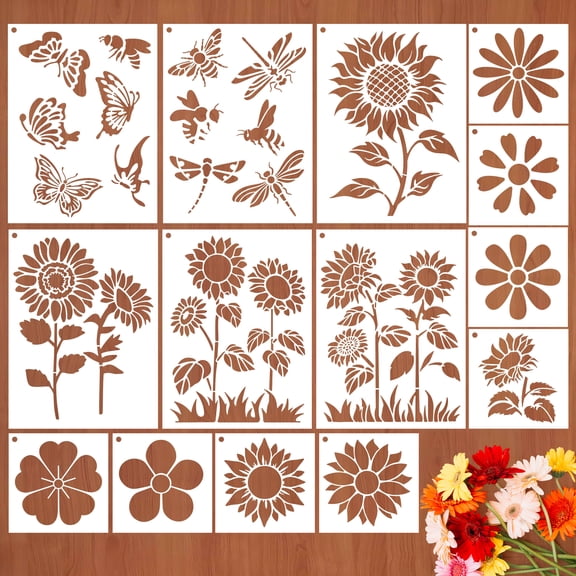 Sinekong 14Pcs Sunflower Butterflies Painting Stencils, Plastic Reusable Large Floral Stencils for Crafts Wood Burning Drawing on Wall Wood Canvas