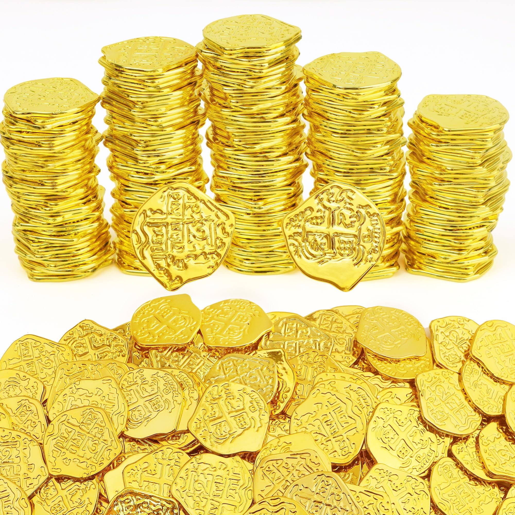 Sinekong 150 pcs Pirate Coins, Pirate Gold Coins, Plastic Treasure Coin for Pirate Party Fake Play Coins Bulk for Party Treasure Hunt
