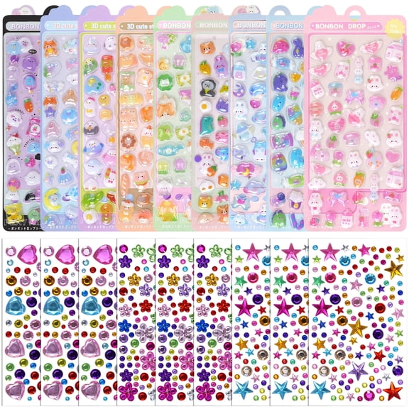 Sinekong 1500+ Puffy Stickers&Gem Stickers, Tiny Cute Cartoon Decorative Sticker for DIY Arts Scrapbooking Notebook Reward Gifts Water Bottle Laptops