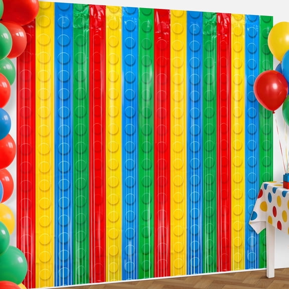 Sinekong 2 Pack Building Blocks Foil Fringe Curtain, Building Block Theme Party Decorations Backdrop Streamer for Birthday Baby Shower 3.3x6.6ft