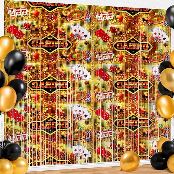 Sinekong 2 Pack Casino Theme Party Decorations, Poker Night Backdrop Foil Fringe Curtains Gold Tinsel Streamers, 3.3 x 6.6 ft for Las Vegas Party Supplies