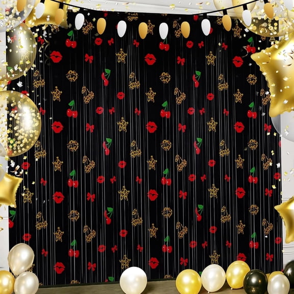 Sinekong 2 Pack Cheetah Print Backdrop, 3.3x6.6ft Cherry Bow Red Lips Tinsel Foil Fringe Curtains Leopard for Women Girl Night Bachelorette Party