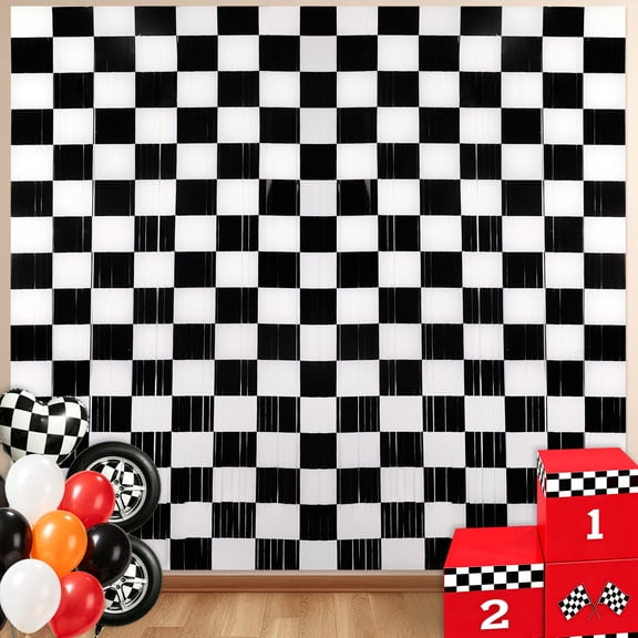 Sinekong 2 Pack Race Car Foil Fringe Curtains Backdrop, 3.3 x 6.6 ft Black White Racing Car Birthday Party Decorations Photo Booth Props