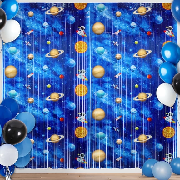 Sinekong 2 pack Space Foil Curtain Backdrop, Astronaut Metallic Tinsel Foil Fringe Curtains Photo Props for Outer Space Birthday Party Decor