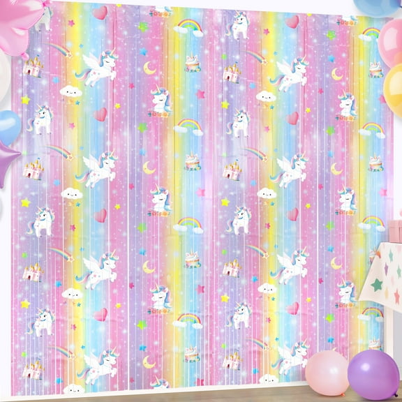 Sinekong 2 pack Unicorn Backdrop Tinsel Foil Fringe Curtains, 3.3x6.6Ft Pastel Rainbow Streamer Backdrop for Girls Party Decor