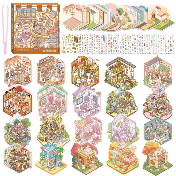 Sinekong 20 Sets 3D Sticker Scene, Sticker Therapy Scenes Fun Mini Cute Collection Gift Box for Adults Stress Relief Pass The Time, Brown