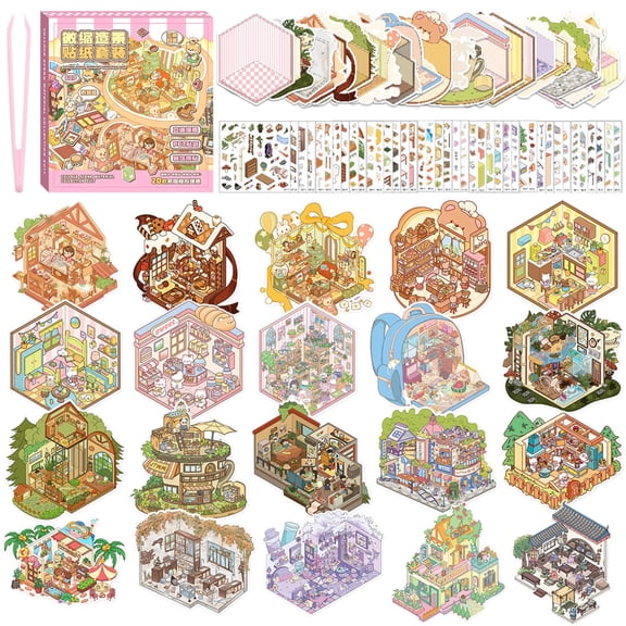 Sinekong 20 Sets 3D Sticker Scene, Sticker Therapy Scenes Fun Mini Cute Collection Gift Box for Adults Stress Relief Pass The Time,Pink