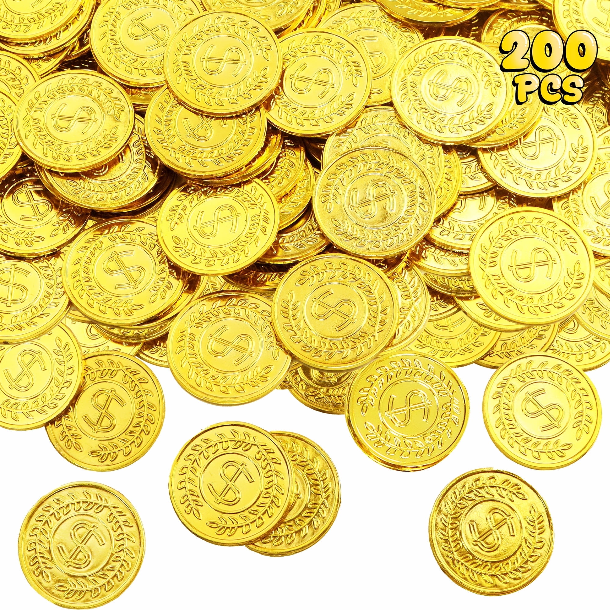 Sinekong 200 pcs Gold Coins, Plastic Gold Coins Bulk, Pirate Treasure for Pirate Party, Treasure Hunt Game, Fake Coins for Classroom Rewards Tokens